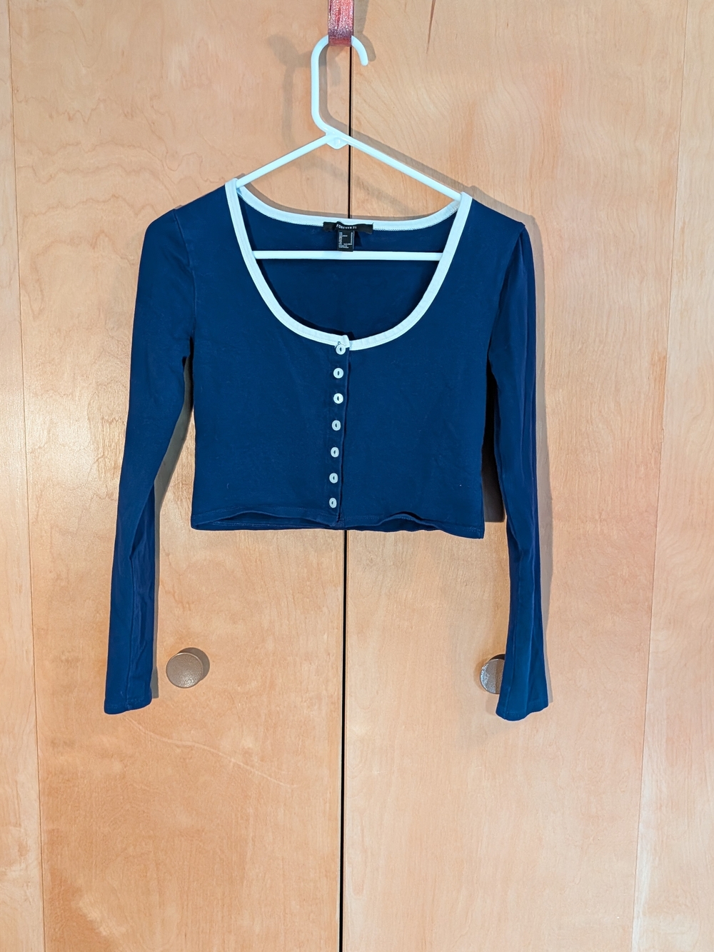 Forever 21 Navy Button Front Crop Top with White Trim